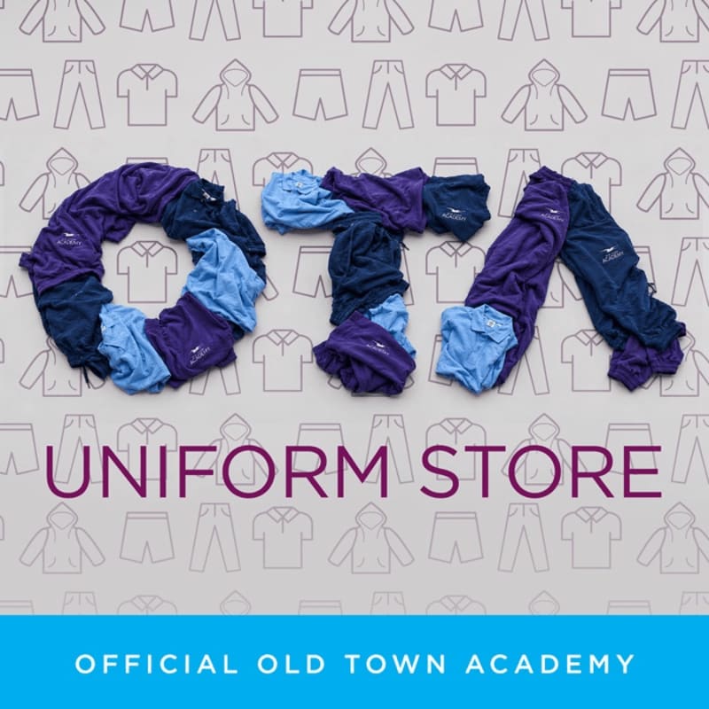 Colorful athletic apparel spells out "OTAA" in the foreground against a light gray background patterned with outlines of various clothing items.