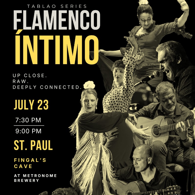 A collage of flamenco dancers and guitarists is overlaid with event details for "Flamenco Íntimo" on July 23rd at Fingal's Cave at Metronome Brewery in St. Paul.