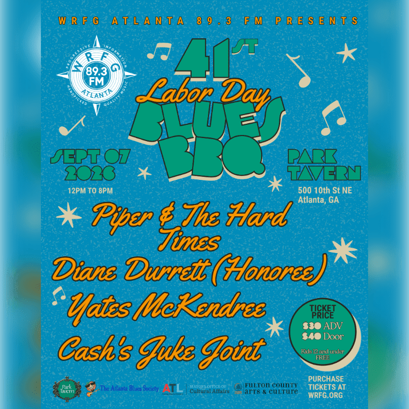 A blue poster advertises the 41st Labor Day Blues BBQ on September 7, 2020, at Park Tavern in Atlanta, featuring performances by Piper & The Hard Times, Diane Durrett, Yates McKendree, and Cash's Juke Joint, with ticket information and sponsor logos at the bottom.