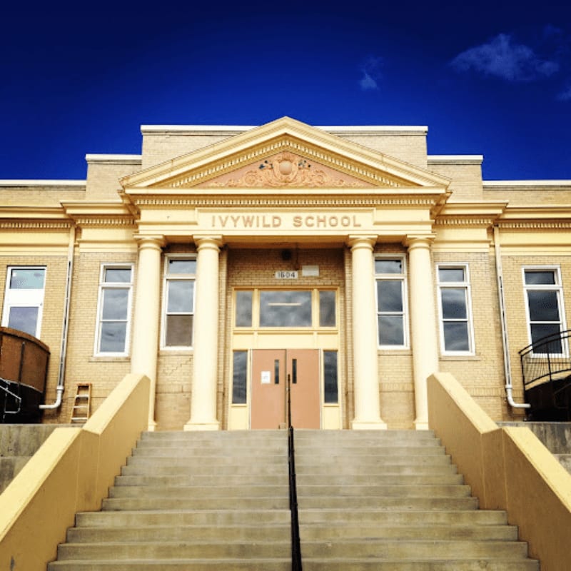A wide set of concrete stairs leads up to the grand entrance of the Ivywild School, with a vibrant blue sky overhead.