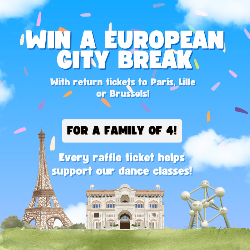 Confetti falls around iconic landmarks like the Eiffel Tower and Atomium, advertising a European city break for a family of four that supports dance classes.