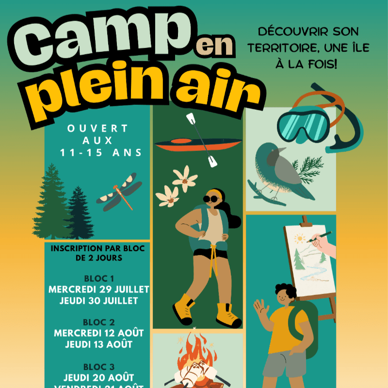 A vibrant poster for an outdoor camp features illustrations of children engaged in activities like kayaking and painting in the foreground, set against a gradient background with text detailing camp information.