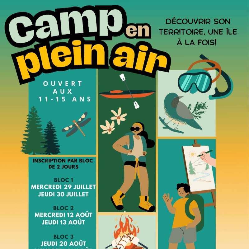 A vibrant poster advertises an outdoor camp for 11-15 year olds, featuring illustrations of activities like kayaking, drawing, and camping in the foreground against a gradient background.