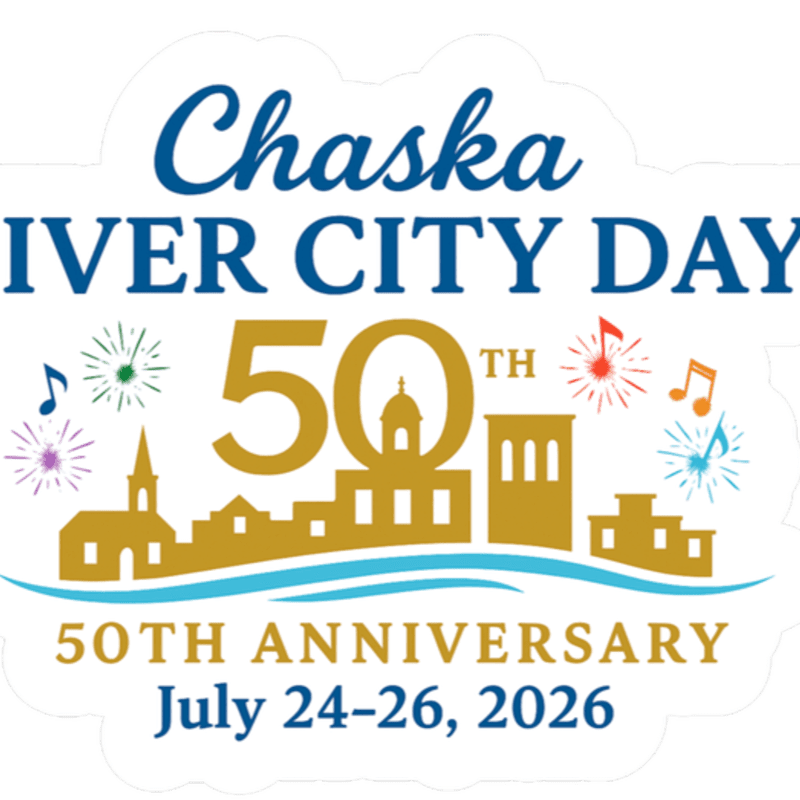 A golden skyline with musical notes and fireworks in the background celebrates Chaska River City Day's 50th Anniversary on July 24-26, 2026.