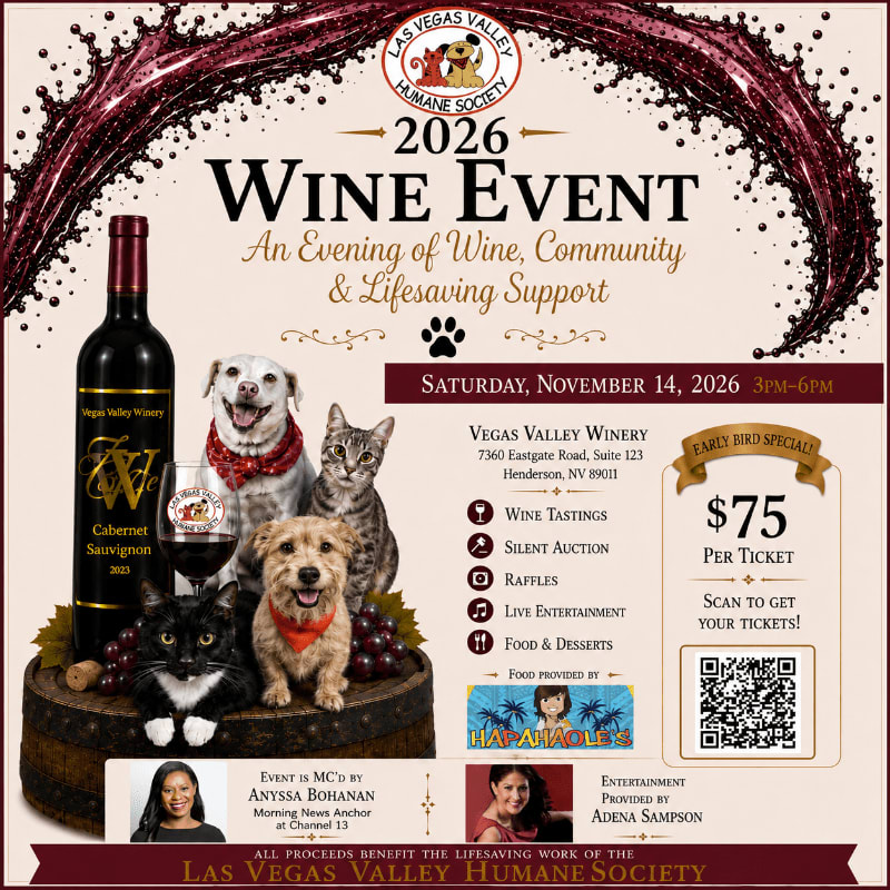 A bottle of Cabernet Sauvignon and four dogs are in the foreground, with a wine-themed event poster in the background.