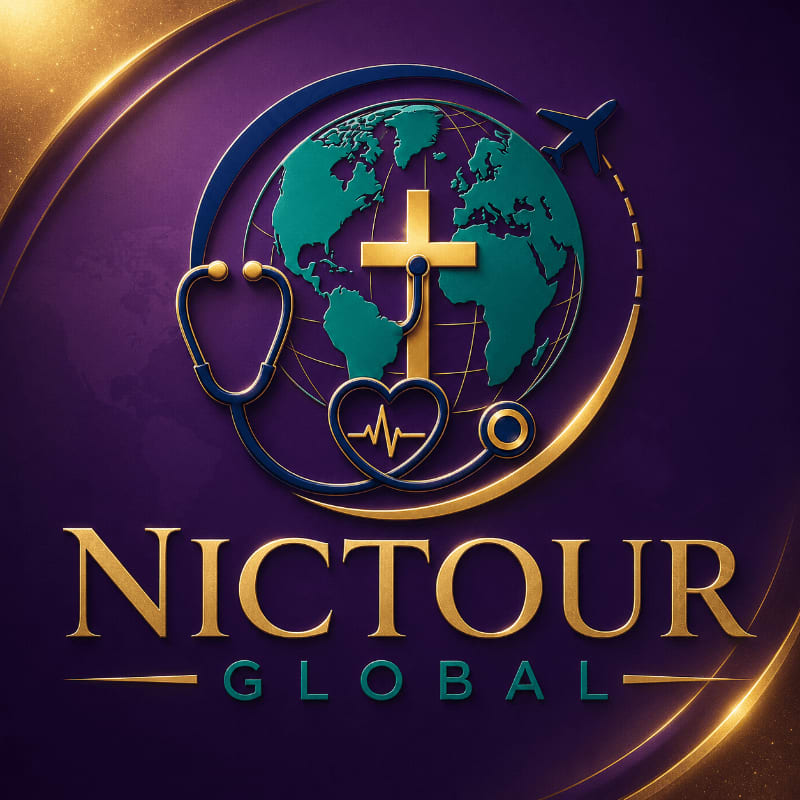 A stethoscope encircles a globe with a cross and airplane in the foreground, set against a deep purple and gold background.