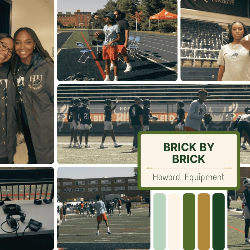 Two young women smile in the foreground of a collage, while the background features various scenes of a football practice on a sunny day.