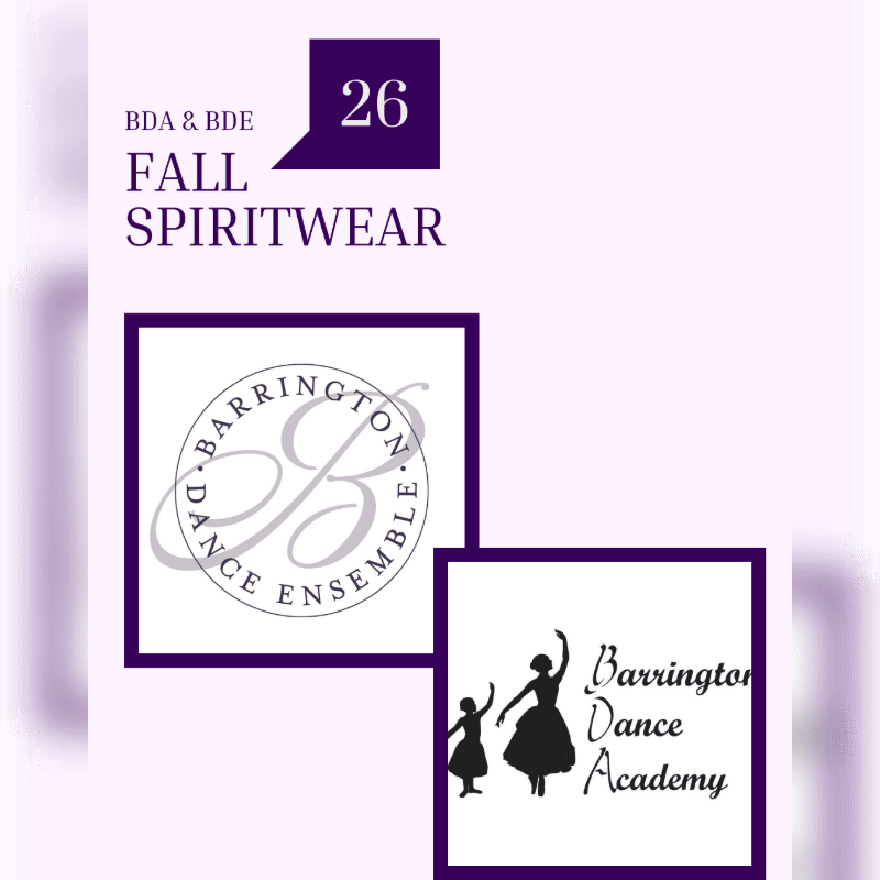 Two square logos, one with a stylized "B" and the other with silhouettes of dancers, are displayed on a light purple background with text indicating "BDA & BDE FALL SPIRITWEAR" and the number "26".