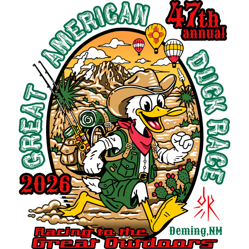 A cartoon duck in a cowboy hat and hiking gear runs through a desert landscape with mountains and hot air balloons in the background.