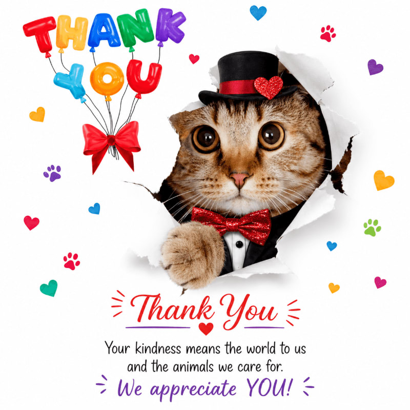 A dapper cat in a tuxedo and top hat peeks through a torn paper background, with "Thank You" balloons floating above and colorful hearts and paw prints scattered around.