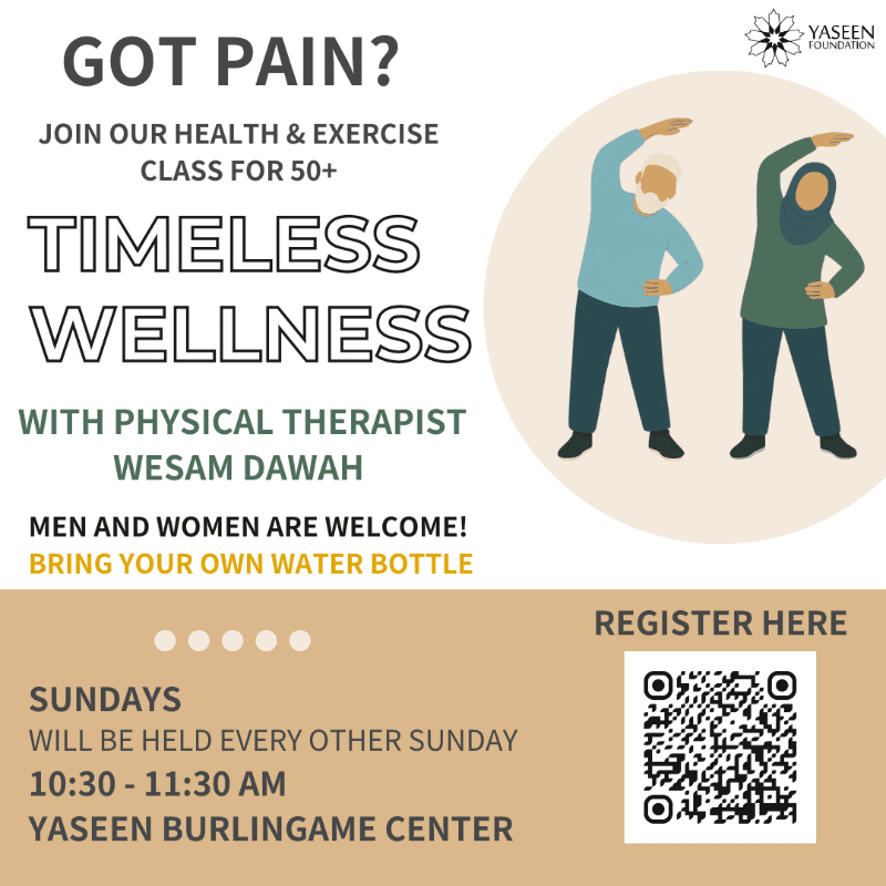 A poster advertises a "Timeless Wellness" health and exercise class for those over 50, featuring an illustration of an older man and woman exercising in the background and event details in the foreground.