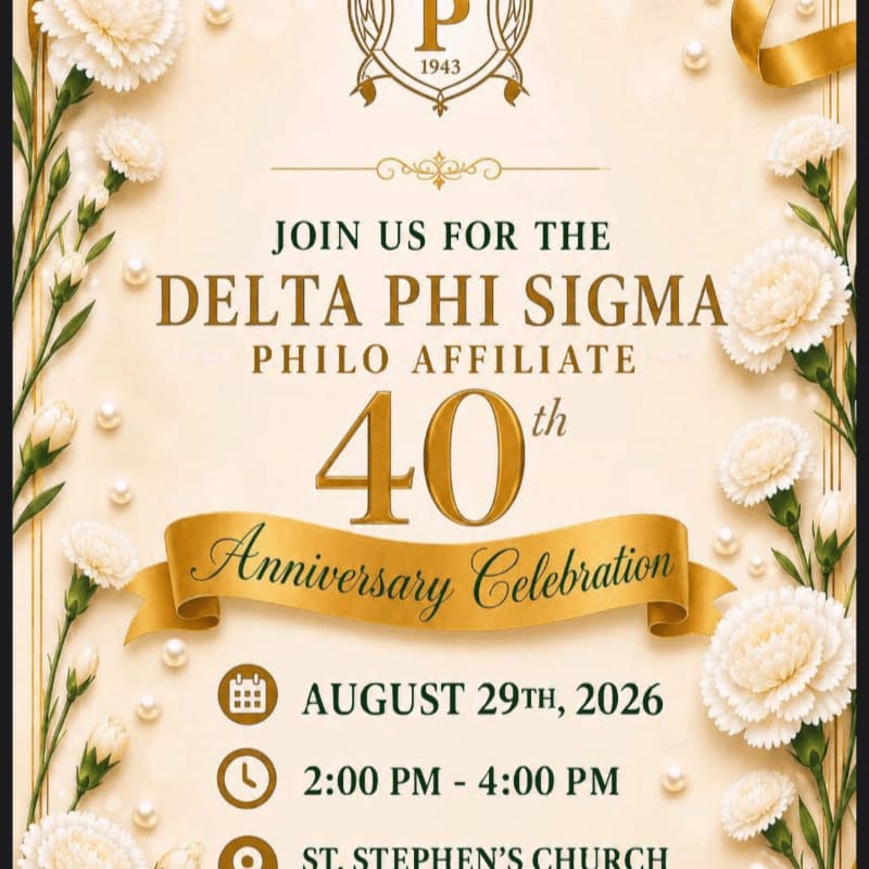 White carnations and pearls adorn the edges of an invitation for the Delta Phi Sigma Philo Affiliate's 40th Anniversary Celebration on August 29th, 2026.
