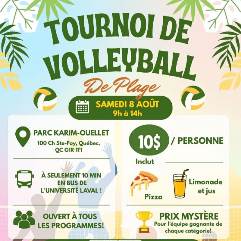 A vibrant poster advertises a beach volleyball tournament with palm leaves and volleyballs in the background, and details about the event, location, cost, and inclusions in the foreground.