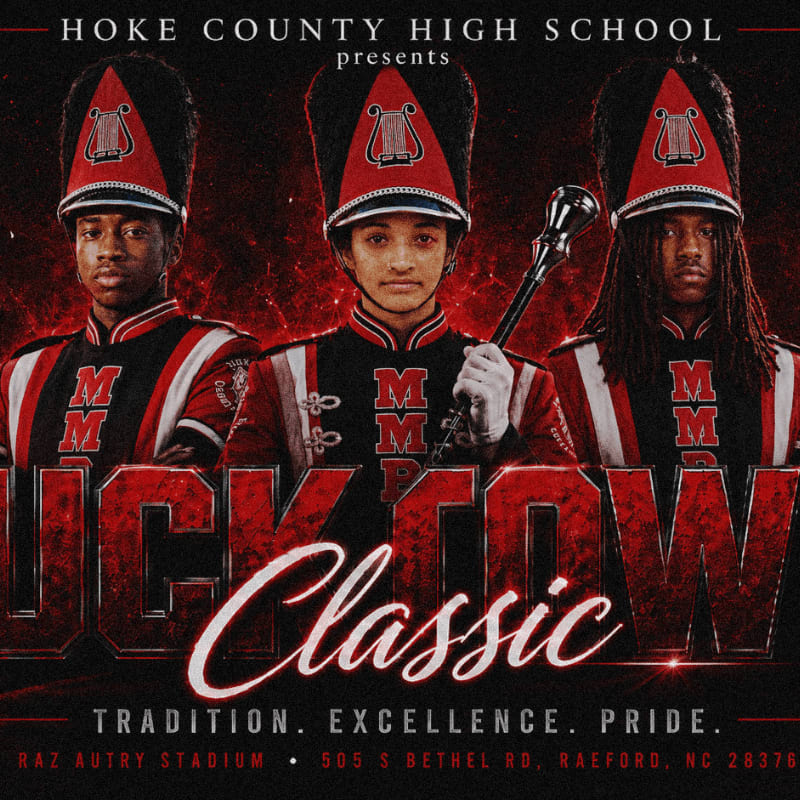 Three students in marching band uniforms stand in the foreground against a dark, textured background with the words "HOKE COUNTY HIGH SCHOOL presents" and "Classic" prominently displayed.