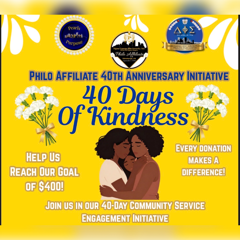 A bright yellow background features the "Philo Affiliate 40th Anniversary Initiative" with "40 Days of Kindness" prominently displayed, alongside an illustration of two women embracing, bouquets of white flowers, and calls to action for donations and community service.