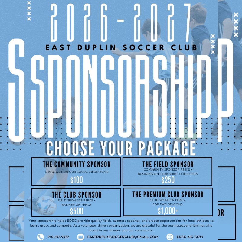 In the foreground, a sponsorship package list for East Duplin Soccer Club is presented, while the background features blurred images of young soccer players.