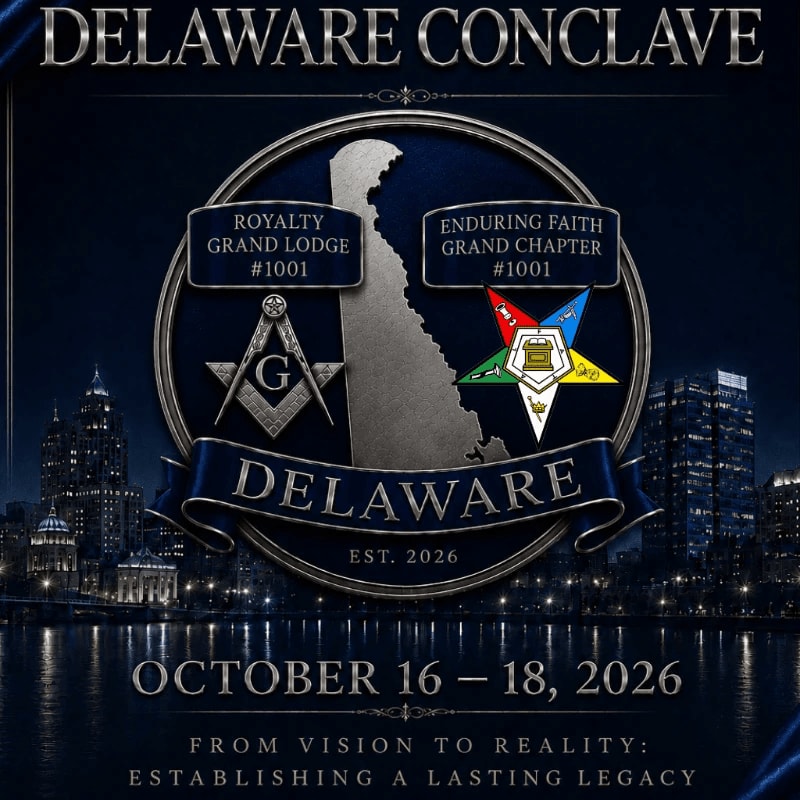 A dark, nighttime cityscape with a river in the foreground frames a circular emblem featuring the state of Delaware, Masonic symbols, and event details for the "Delaware Conclave" in October 2026.