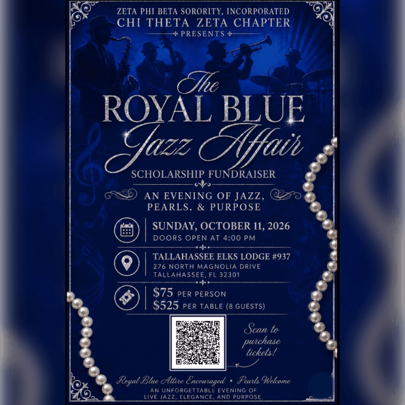 A royal blue flyer advertises a scholarship fundraiser for Zeta Phi Beta Sorority, featuring a silhouette of a jazz band in the background and pearl strands framing the event details in the foreground.