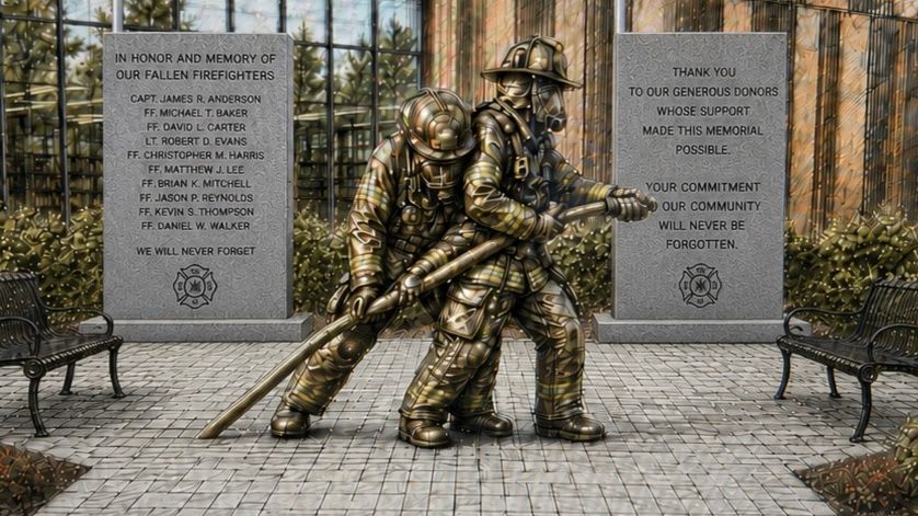 A bronze statue of two firefighters carrying a hose stands in the foreground before two granite memorial walls inscribed with names and thanks in the background.
