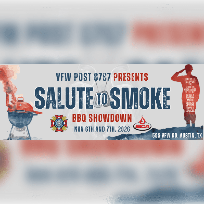 A barbecue grill with smoke billows in the foreground, while a silhouetted soldier salutes in the background of a "Salute to Smoke BBQ Showdown" poster.