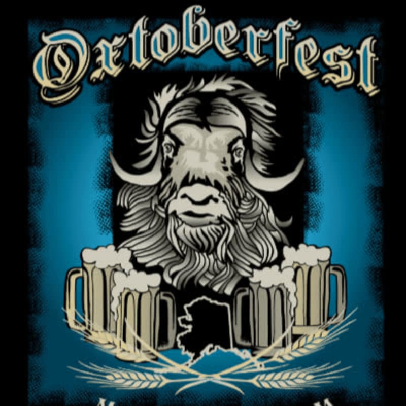 A stylized musk ox with flowing mane stands behind three frothy beer mugs and wheat stalks, all set against a textured blue background with the word "Oktoberfest" in ornate lettering above.