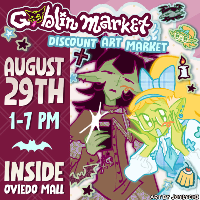 Two cartoon goblins with large eyes and green skin are featured in the foreground, with the text "Goblin Market Discount Art Market August 29th 1-7 PM Inside Oviedo Mall" in the background.