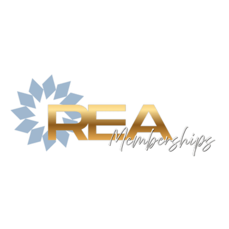 Golden letters spelling "REA" are in the foreground, with "Memberships" written in cursive below, set against a background of light blue diamond shapes arranged in a circular pattern.