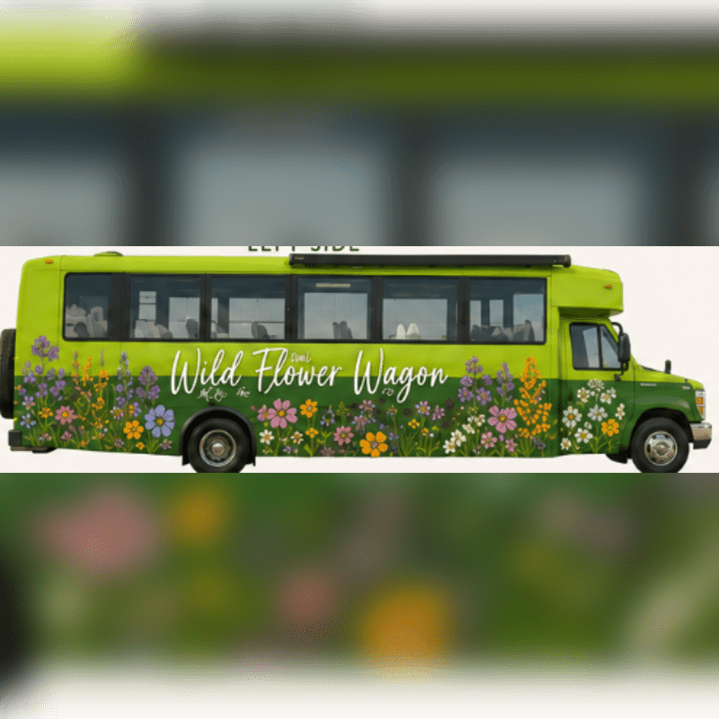 A bright green bus with a "Wild Flower Wagon" design featuring colorful flowers along its side is parked against a blurred background of green foliage.