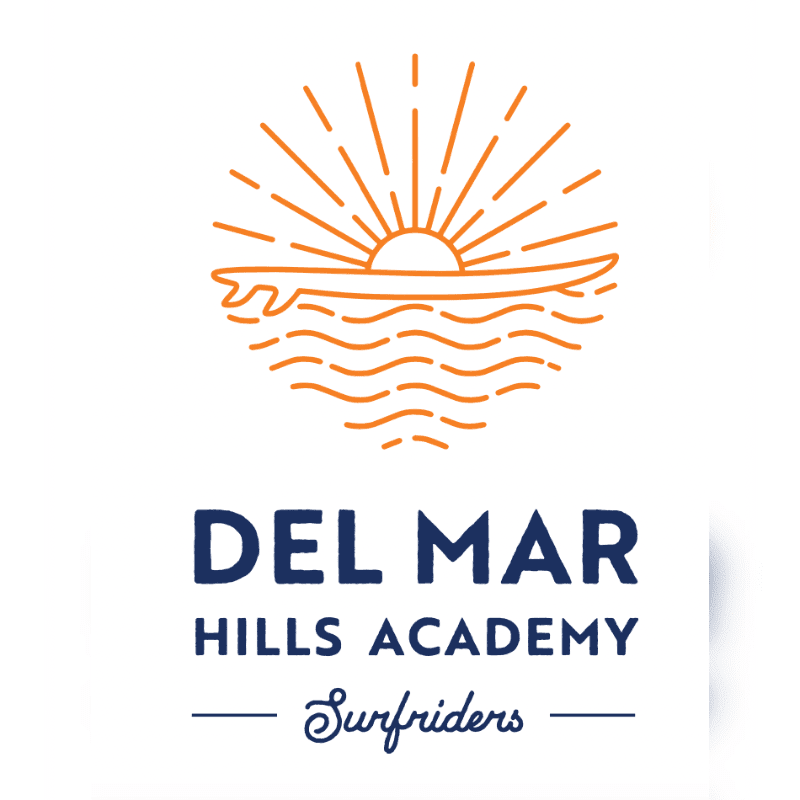 An orange sunburst over a surfboard on waves is above the navy blue text "DEL MAR HILLS ACADEMY Surfriders" on a white background.