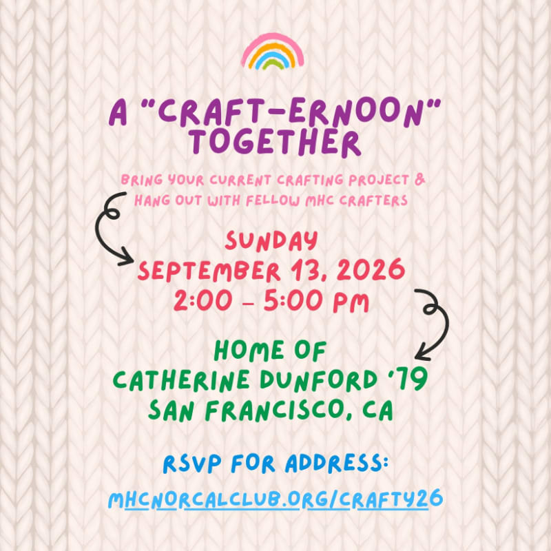 A knitted background frames an invitation for a "Craft-ernoon" event on Sunday, September 13, 2026, in San Francisco.