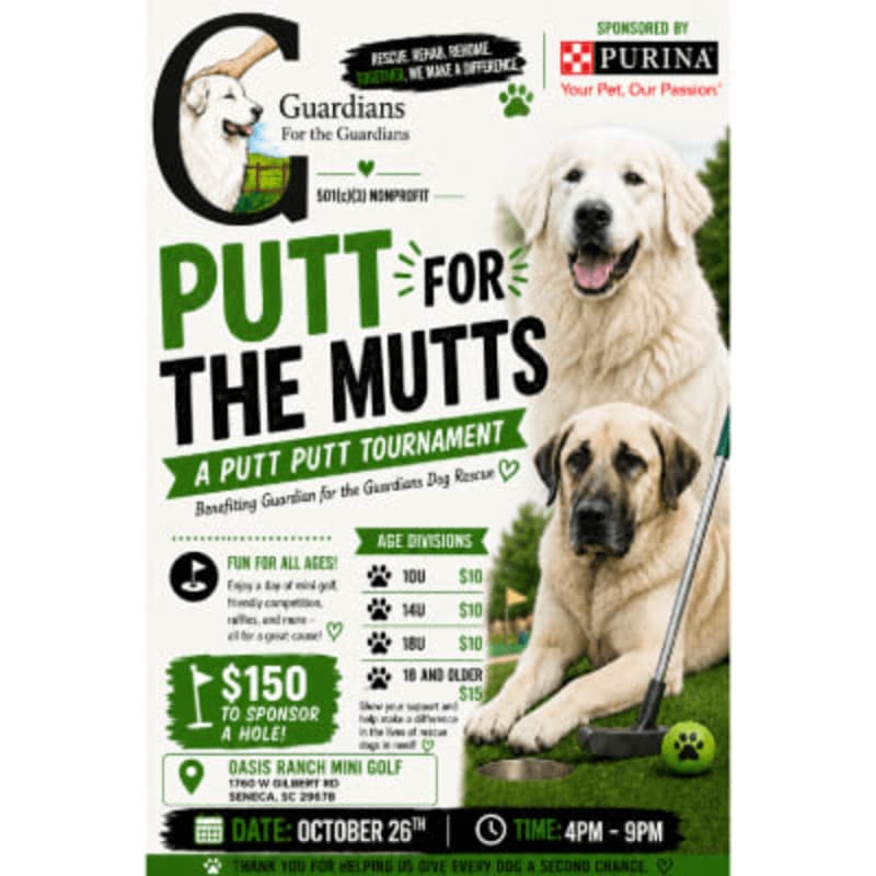 Two large dogs, one white and one tan, pose near a golf hole in the foreground, while a flyer for a "Putt for the Mutts" tournament is displayed in the background.