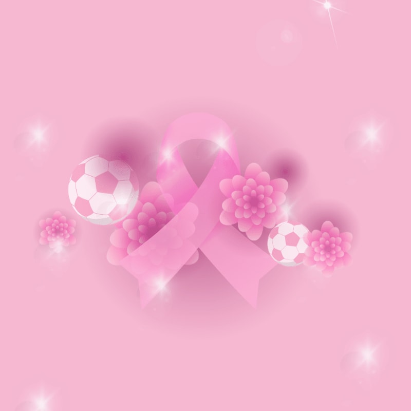 A pink ribbon with two soccer balls and pink flowers is in the foreground, set against a soft pink background with sparkling lights.