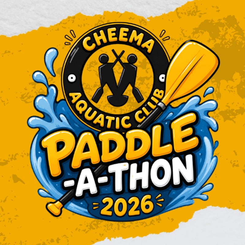 A yellow paddle and splashing blue water are in the foreground, with a circular logo for the "Cheema Aquatic Club Paddle-A-Thon 2026" against a textured yellow background in the background.