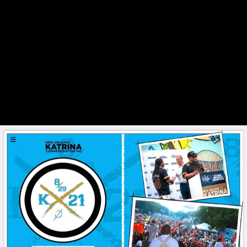 A digital screen displays a circular logo with "KATRINA 8/29 21" and two inset photos, one of people speaking at a podium and another of a large crowd, against a bright blue background.
