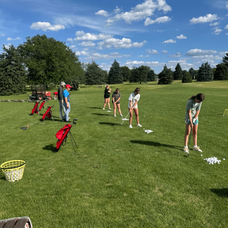 Several young women practice golf swings on a sunny day with a golf course and trees in the background.