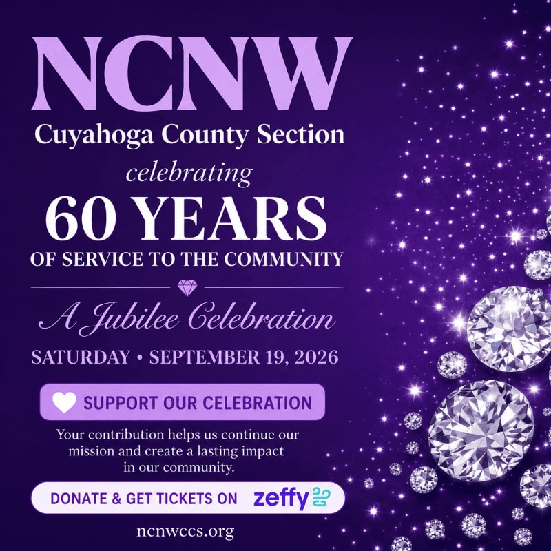 Sparkling diamonds and purple glitter fill the background, while the foreground displays text announcing NCNW Cuyahoga County Section's 60th anniversary jubilee celebration.