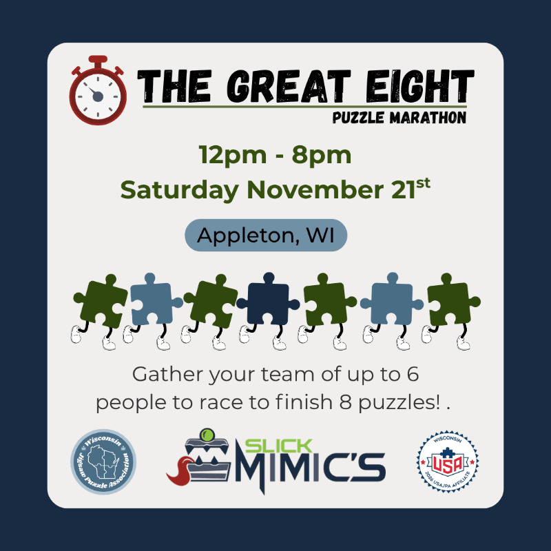 A dark blue background frames a white square advertising "The Great Eight Puzzle Marathon" on Saturday, November 21st, in Appleton, WI, featuring cartoon puzzle pieces in the foreground.