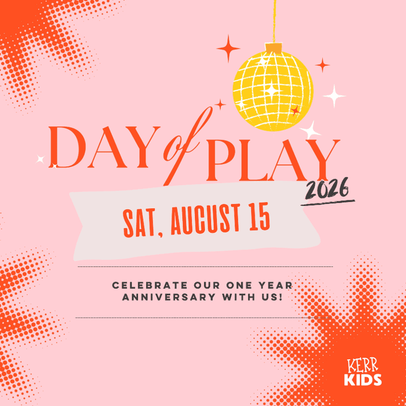 A yellow disco ball hangs above the text "DAY of PLAY SAT, AUGUST 15 2026" on a pink background with orange starbursts on the sides.