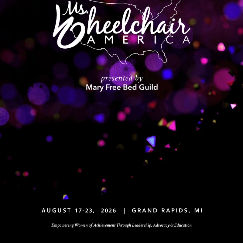 The foreground displays the "Ms. Wheelchair America" logo and event details, while the background features a dark, bokeh-filled effect with purple and pink lights.