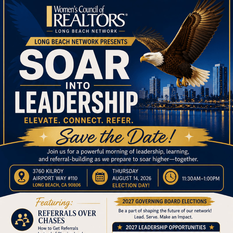 A majestic eagle soars over a city skyline at dusk, with event details for "Soar Into Leadership" presented by the Women's Council of REALTORS Long Beach Network.
