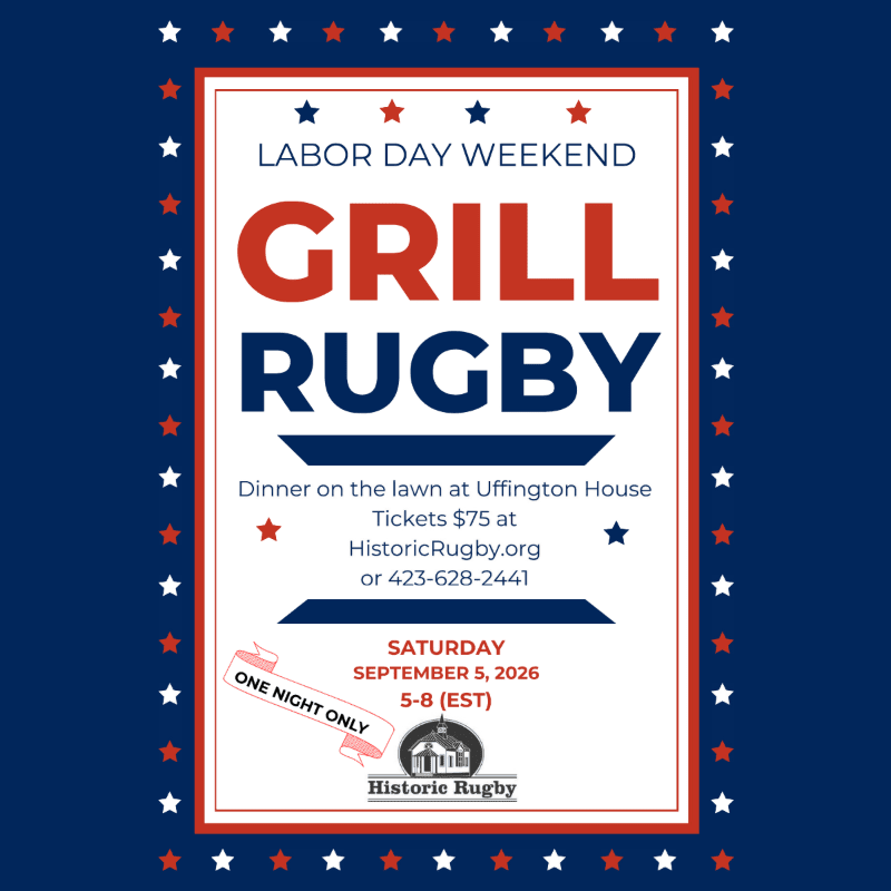 A red and white framed poster with "GRILL RUGBY" prominently displayed in large letters against a dark blue background with a star border announces a Labor Day Weekend event.