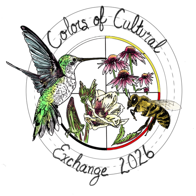 A hummingbird and a bee hover near a flower within a circular design featuring the text "Colors of Cultural Exchange 2026" and a medicine wheel in the background.