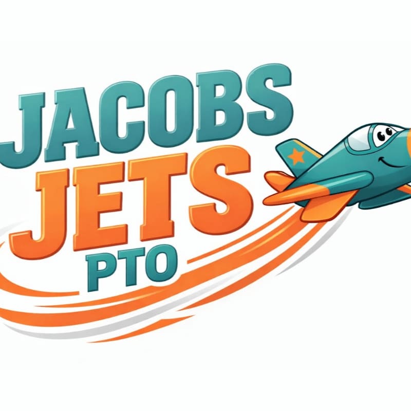 A cartoon airplane with "JACOBS JETS PTO" written in large, colorful letters in the foreground, with orange swooshes trailing behind the plane against a white background.