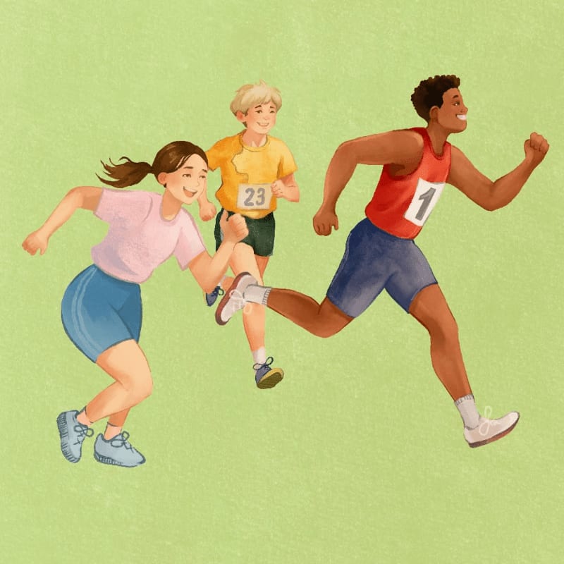Three children of diverse ethnicities are running a race against a plain green background.