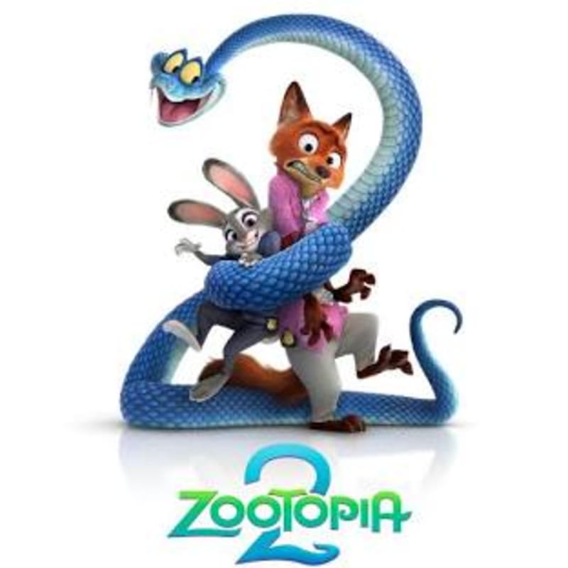 A blue snake coils around a startled fox and rabbit in the foreground, with the "Zootopia 2" logo below against a white background.