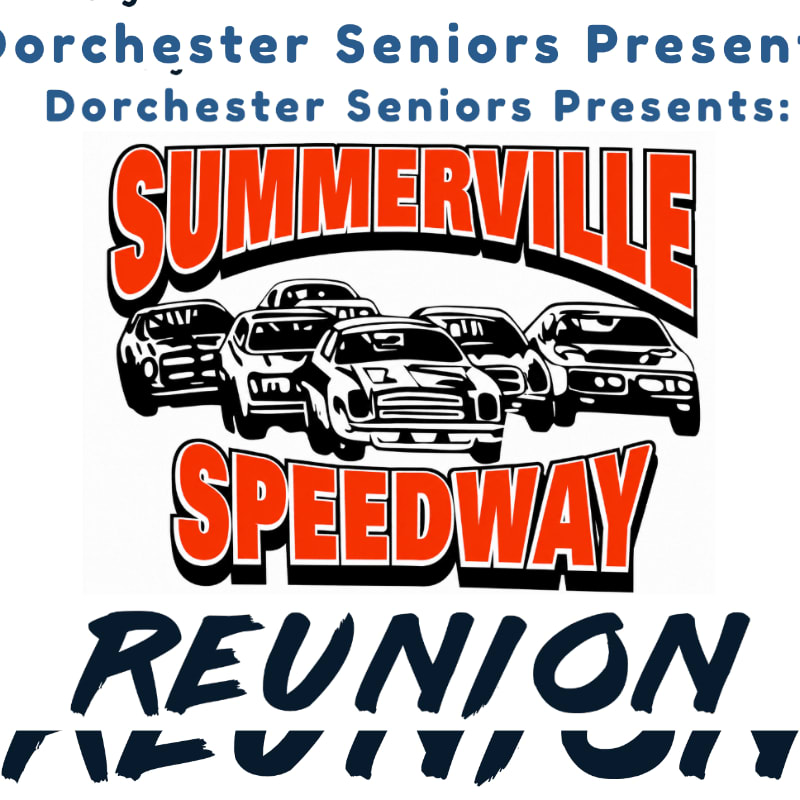 A graphic for a "Summerville Speedway Reunion" features a line of vintage race cars in the foreground against a white background with text above and below.