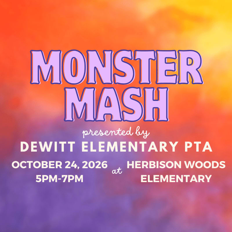 A vibrant orange and purple gradient background frames the text "MONSTER MASH" in large, light purple letters, with event details below.