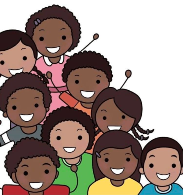 A group of diverse children with smiling faces are clustered together against a plain white background.