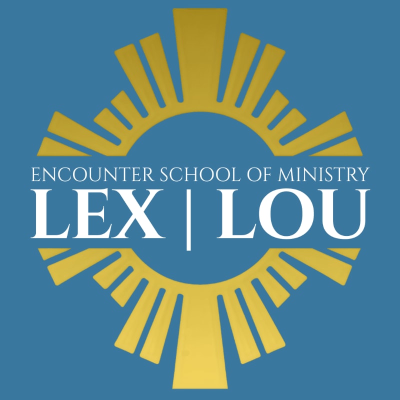 A golden sunburst logo with "ENCOUNTER SCHOOL OF MINISTRY LEX | LOU" in white text is set against a solid blue background.