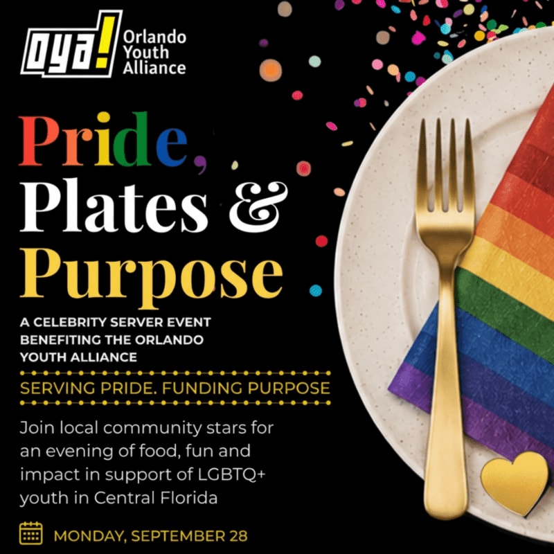 A gold fork rests on a plate with a rainbow napkin and heart, set against a black background with confetti and event details for "Pride, Plates & Purpose."